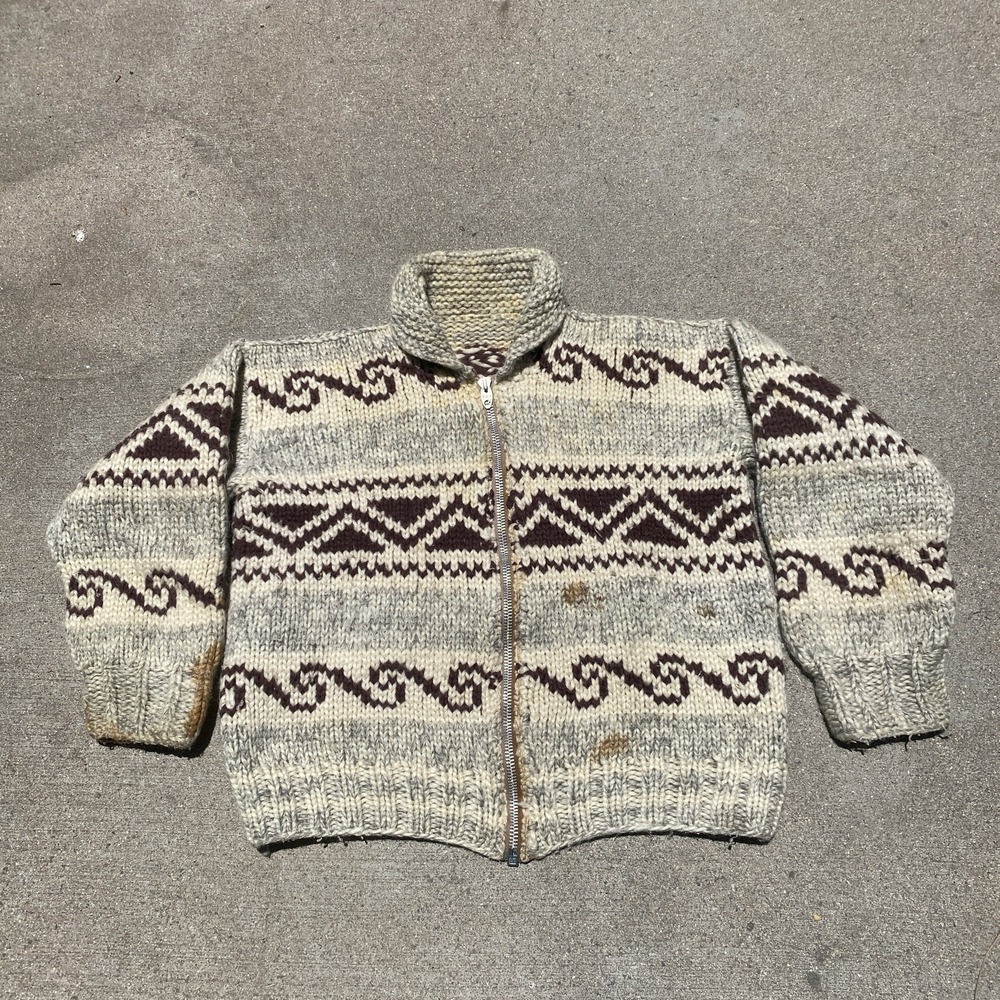 Rare Vintage 40s 50s Cowichan Sweater Zip Large Wool Brown Cream Inuit